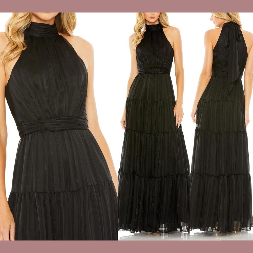 NWT $398 IEENA Mac Duggal [‎ 10 ] 49515 Tie Neck Tiered Halter Gown Black #Q887